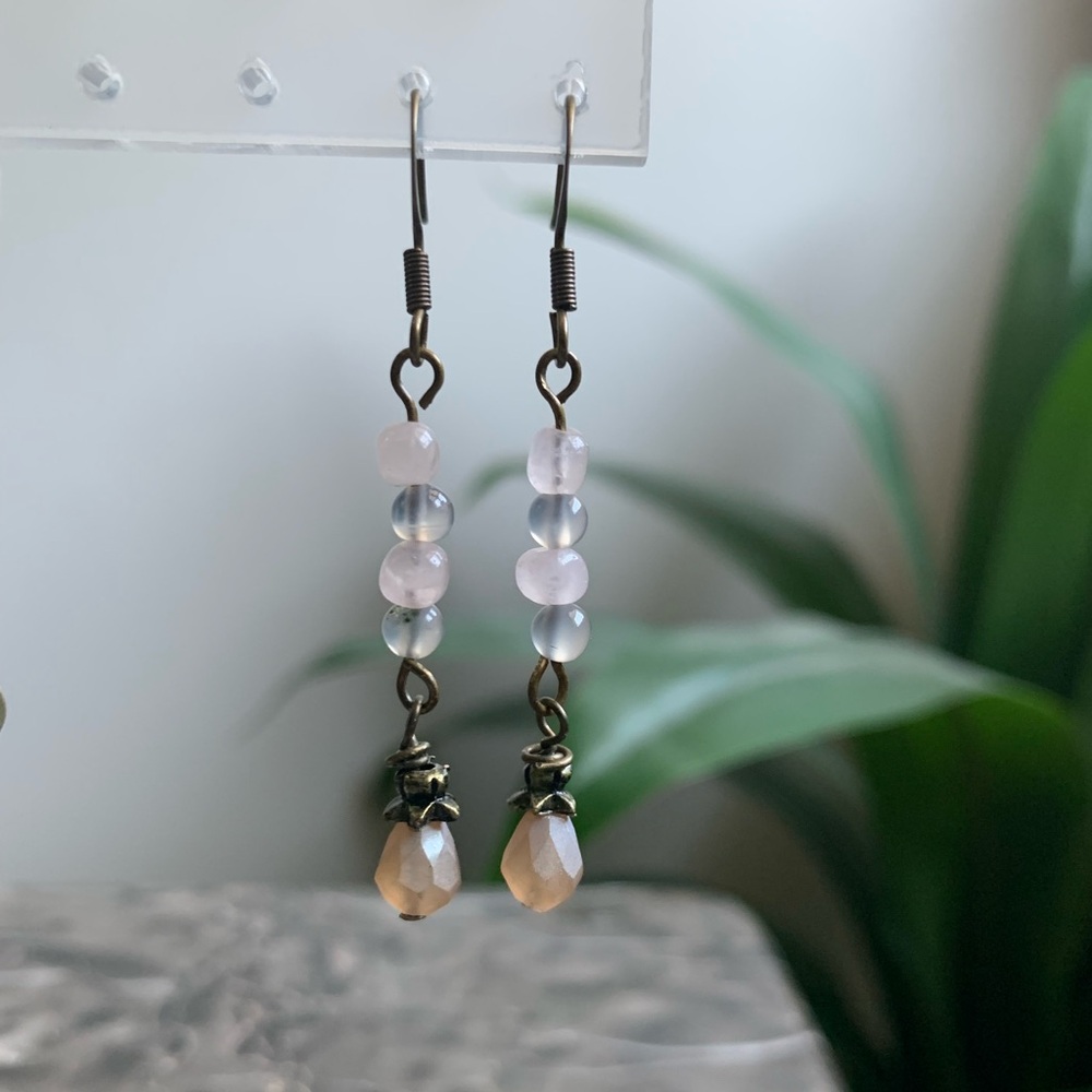 22A. Elegant Handmade Pink and Bronze Beaded Drop Earrings